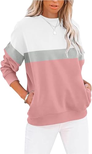 YUANXIAO Sweatshirt Damen Pullover Herbst Winter Rundhals Sweater Farbblock Pulli Langarmshirt Baumwolle Elegant Langarm Oberteile mit Taschen (W-Rosa, L) von YUANXIAO