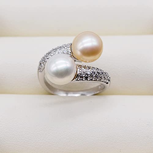 YUANYIRAN Ring Für Damen Perlen Einstellbar - Runde Süßwasser Doppelperle Offene Bandringe, S925 Handgefertigter Edelschmuck Geschenk Für Weihnachten Verlobung Geburtstag Trendgeschenk,Weiß Rosa von YUANYIRAN