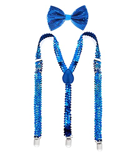 YUANZ Pailletten-Fliege und Hosenträger-Set, Y-Rücken-Stil, bequem verstellbar, elastisch, mit Clips, Unisex für Cosplay-Party (blau) von YUANZ