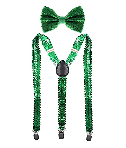 YUANZ Pailletten-Fliege und Hosenträger-Set, Y-Rücken-Stil, bequem verstellbar, elastisch, mit Clips, Unisex für Cosplay-Party (grün) von YUANZ