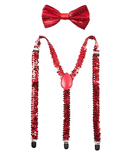 YUANZ Pailletten-Fliege und Hosenträger-Set, Y-Rücken-Stil, bequem verstellbar, elastisch, mit Clips, Unisex für Cosplay-Party (rot) von YUANZ