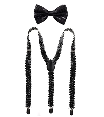 YUANZ Pailletten-Fliege und Hosenträger-Set, Y-Rücken-Stil, bequem verstellbar, elastisch, mit Clips, Unisex für Cosplay-Party (schwarz) von YUANZ