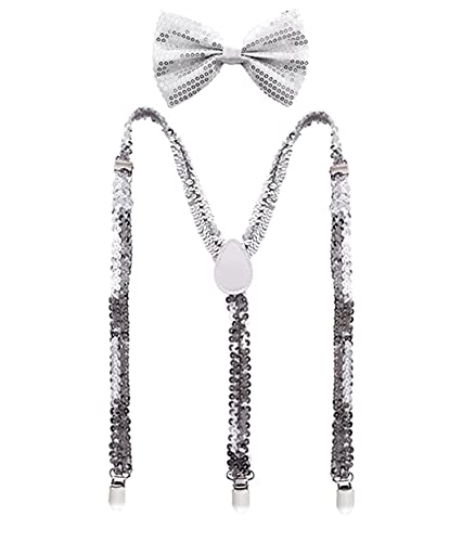 YUANZ Pailletten-Fliege und Hosenträger-Set, Y-Rücken-Stil, bequem verstellbar, elastisch, mit Clips, Unisex für Cosplay-Party (silbrig) von YUANZ