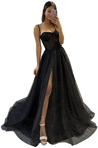 Glitzer Tüll Rüschen Ballkleid Lange Ballkleid Spaghettiträger Spitze Appliqued 3D Blume Schlitz Brautjungfer Kleider, Schwarz, 6 von YUAOHUANG