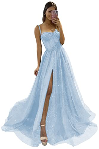 Glitzer Tüll gekräuseltes Abschlussballkleid Lange Ballkleid 3D Spitze Blume Applikationen Hochzeitskleid Schlitz Formale Abendkleider 2024, Babyblau, 34 von YUAOHUANG