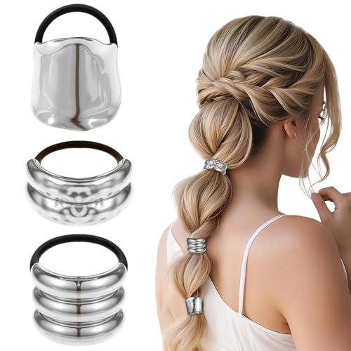 YUBBYSTU 3 Stück Haarstulpen, Haarklammer für Damen, aus Metall, silberfarben, Haarschmuck, elastisch, für Pferdeschwanz, Zubehör für Haarbänder von YUBBYSTU