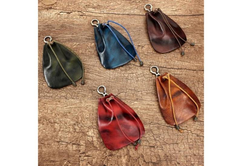 YUBRO-STUDIO Schultertasche Leder Münzbeutel Vintage Geldbörse mit Kordelzug Retro leicht Karabine von YUBRO-STUDIO