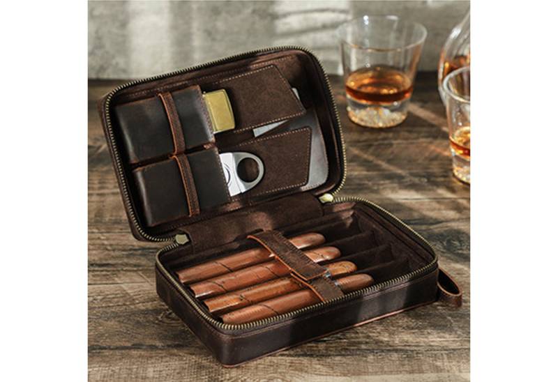YUBRO-STUDIO Tabakbeutel Echtes Crazy Horse Leder Zigarrenetui 4 Slots Tragbar Reisehumidor Box von YUBRO-STUDIO
