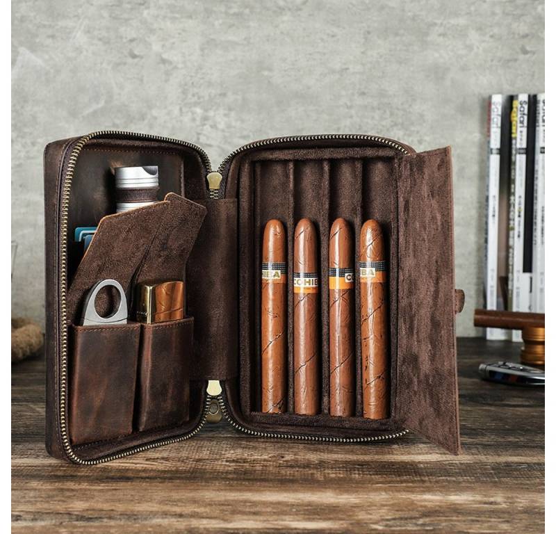 YUBRO-STUDIO Tabakbeutel Handgefertigtes Leder Zigarrenetui 4 Slot Tragbarer Reisehumidor von YUBRO-STUDIO