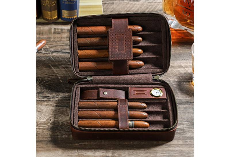 YUBRO-STUDIO Tabakbeutel Vintage Vollnarbenleder Zigarrenetui 7 Steckplätze Handschlaufe von YUBRO-STUDIO