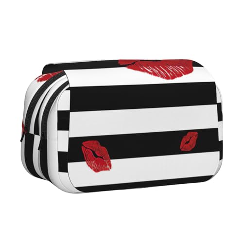 YUBVCF Federmäppchen mit rotem Mund, bedruckt mit schwarz-weißen Streifen, doppellagig, für Jungen und Mädchen, robuste Stifte-Tragetasche mit Reißverschluss für die Schule, Schwarz , Einheitsgröße von YUBVCF
