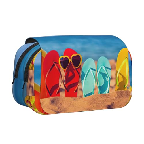 YUBVCF Flip-Flops On A Sandy Beach Printing Double Layer Clamshell Pen Case for Boys Girls,Durable Pen Carrying Case with Zipper for School, Schwarz , Einheitsgröße, Taschen-Organizer von YUBVCF