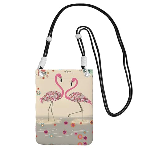 YUBVCF Kleine Handy-Umhängetasche, Motiv: Flamingos und Blumen, passend für alle Handys, zum Laufen, Wandern, Radfahren, Schwarz , Einheitsgröße von YUBVCF