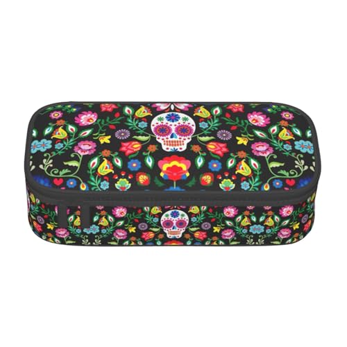 YUBVCF Niedliches Federmäppchen mit Motiv "Sugar and Skulls and Flowers" für Studenten, Jungen, Mädchen, großes Fassungsvermögen, mehrere Fächer, langlebige Stiftebox, Schwarz , Einheitsgröße von YUBVCF