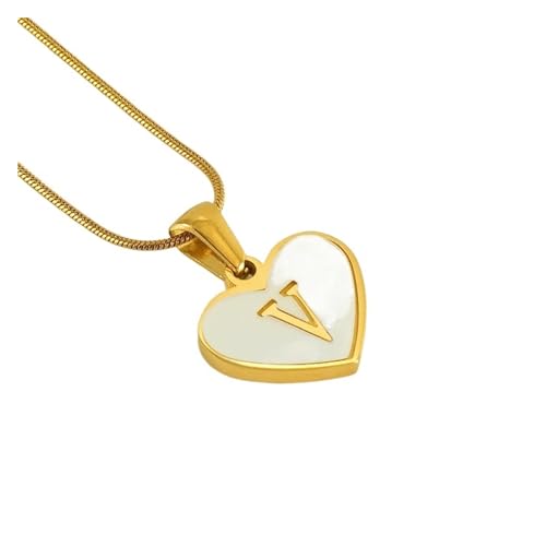 YUCHUAN Einfache Titan-Stahl-Muschel-Halskette mit englischen Buchstaben for Frauen, 18 Karat modische Liebesanhänger-Schlüsselbeinkette(Material:V) von YUCHUAN