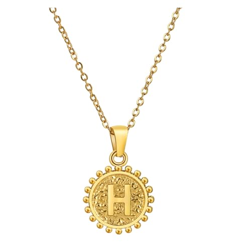 YUCHUAN Goldene runde englische Buchstaben-Halskette for Damen, Edelstahl, Schlüsselbeinkette, Schmuck(Color:H_18K) von YUCHUAN