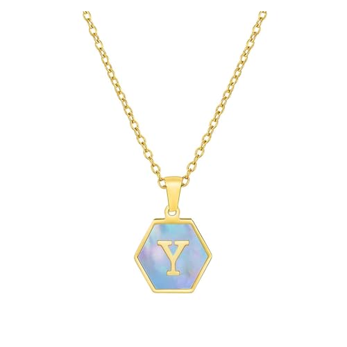 YUCHUAN Sechseckige Damen-Halskette mit Buchstaben aus Edelstahl, rosa, Blaue Muschel, Titan-Stahl-Buchstaben-Anhänger-Schmuck(Material:Blue-y) von YUCHUAN