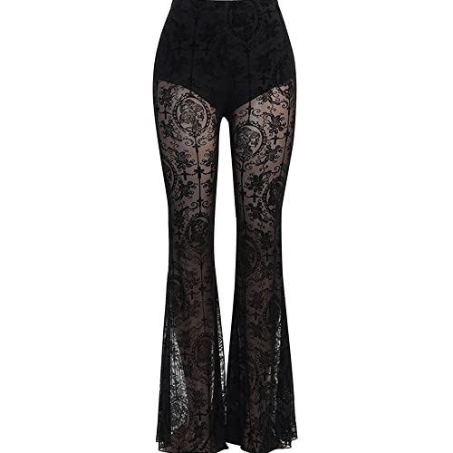 Frauen Hosen Bell Bottom Hosen Spitze Flare Leggings Solide Plissee Hohe Taille Sheer Mesh Goth Punk Hippie Aushöhlen, Schwarz , S von YUDATPG