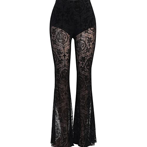 Damenhose, Glockenunterteil, Spitze, ausgestellte Leggings, einfarbig, plissiert, hohe Taille, durchsichtiges Netzgewebe, Gothic, Punk, Hippie, Aushöhlen, Schwarz , S von YUDATPG