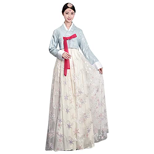 Hanbok Damen Kleid Korean Hanbok Traditionelles Kleid Weibliche Hochzeit Tanz Cosplay Halloween Kostüm Langarm Klassisches Hanboks Kleid Set Palace Outfit (AS8, alpha, L, Regulär, Blauweiß) von YUDATPG