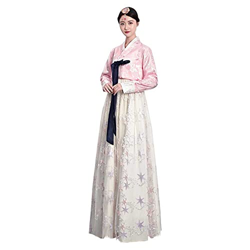 Hanbok Damen Kleid Korean Hanbok Traditionelles Kleid Weibliche Hochzeit Tanz Cosplay Halloween Kostüm Langarm Klassisches Hanboks Kleid Set Palace Outfit (AS8, alpha, S, Regulär, Rosa Weiß) von YUDATPG