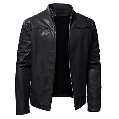 Herren Kunstlederjacke PU Motorrad Bomber Slim Fit Soft Touch Klassischer Stehkragen Lässiger Reißverschluss Mantel Dicker Warm Winddicht Thermo Windbreaker Plüsch, Schwarz , L von YUDATPG