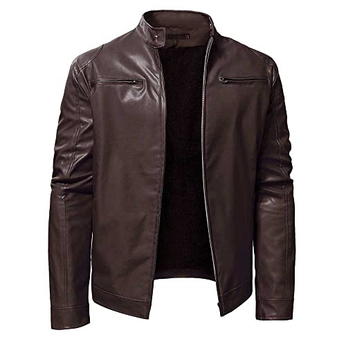 YUDATPG Herren Kunstleder Jacke PU Motorrad Bomber Slim Fit Soft Touch Classic Stehkragen Casual Reißverschluss Mantel Verdicken Warm Winddicht Thermo Windbreaker Plüsch, braun, L von YUDATPG