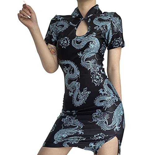 YUDATPG Chinesisches Cheongsam Hemd Kurzarm Kleid Frauen Sexy Abschlussball Kleid Traditioneller Seitenschlitz Palast Slim Fit Drachen Neckholder Bodycon Kleid Halloween Kostüm (Blau, S) von YUDATPG