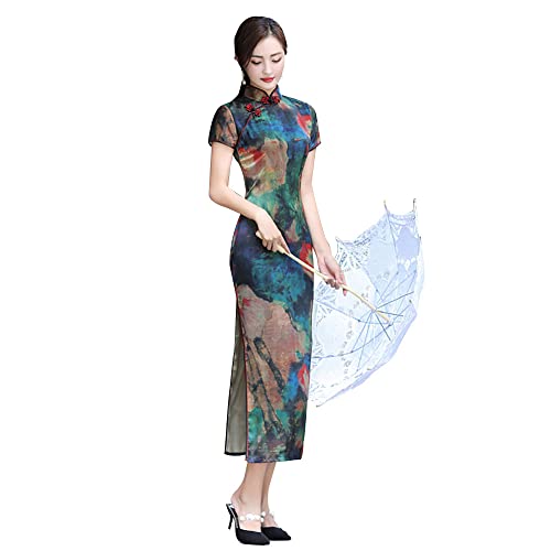 YUDATPG Chinesisches Cheongsam-Kleid für Damen, Mandarinenkragen, schmale Passform, kurzärmelig, figurbetont, Blumendruck, sexy Seitenschlitzkleid, Cosplay, Halloween-Outume, blau, Medium von YUDATPG