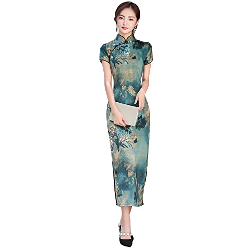 YUDATPG Chinesisches Cheongsam-Kleid für Damen, Mandarinenkragen, schmale Passform, kurzärmelig, figurbetont, Blumendruck, sexy Seitenschlitzkleid, Cosplay, Halloween-Outume, grün, Medium von YUDATPG