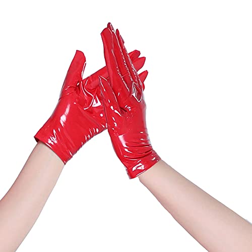 YUDATPG Damen Lederhandschuhe Faux PU Wet Look Abend Kostüm Party Cosplay Flapper Opera Punk Gothic Kurze Handgelenklänge, rot, 46 von YUDATPG