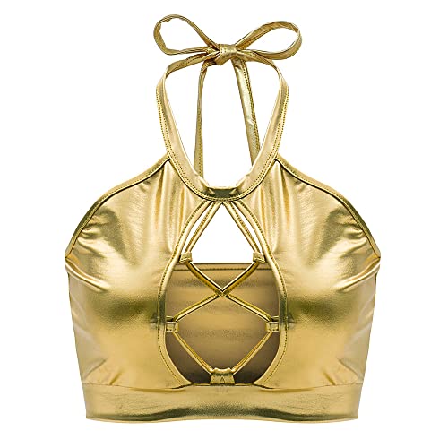 YUDATPG Glänzendes Neckholder-Tanktop für Damen, Neckholder, Tank-Trägern, bauchfrei, Schlauch-Top, Rave-Dance, Clubwear, ärmellos, Spaghettiträger, lässig, gold, M von YUDATPG