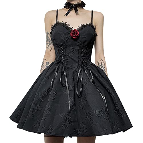 YUDATPG Gothic-Kleid für Damen, Grunge-Kleidung, Rosen-Spitze, Schmetterling, Schlingenkleid, Spaghetti-Träger, Mini, ärmellos, figurbetont, Vintage, Schwarz , Medium von YUDATPG