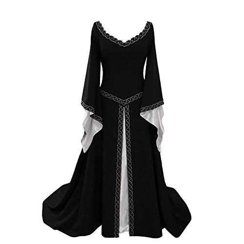 YUDATPG Mittelalterliches Kleid, ausgestellt, langärmelig, Renaissance-Kleid für Damen, Bauern-Chemise, Halloween-Kostüm, Fee, Gothickleid, Nachthemd (AS8, Alpha, X_L, regulär, regulär, schwarz) von YUDATPG