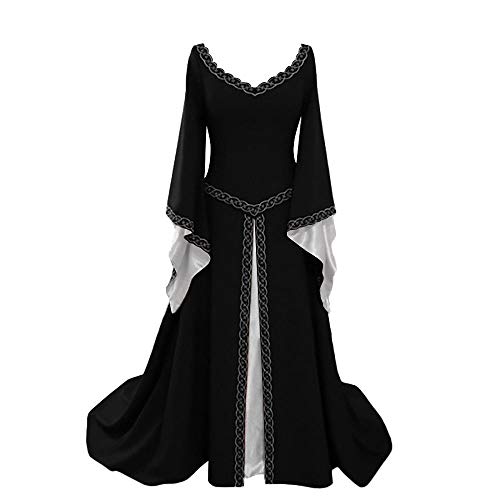YUDATPG Mittelalterliches Kleid, ausgestellt, langärmelig, Renaissance-Kleid für Damen, Bauern-Chemise, Halloween-Kostüm, Fee, Gothic-Kleid, Nachthemd, Schwarz , L von YUDATPG