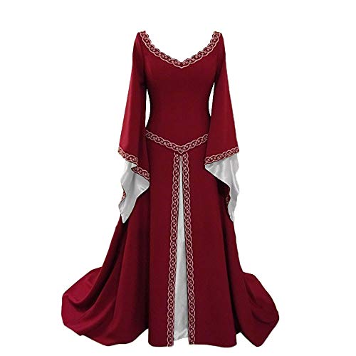 YUDATPG Mittelalterliches Kleid, ausgestellt, langärmelig, Renaissance-Kleid für Damen, Bauern-Chemise, Halloween-Kostüm, Fee, Gothic-Kleid, Nachthemd, rot, 3XL von YUDATPG
