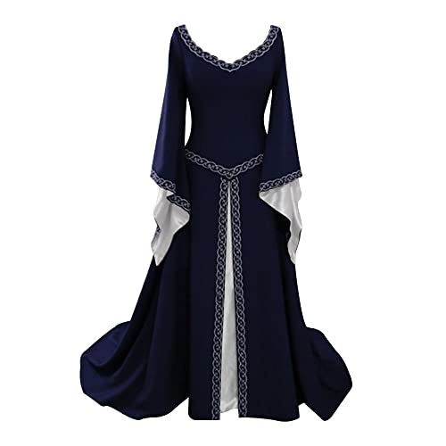 YUDATPG Mittelalterliches Kleid mit langen Ärmeln, Renaissance-Kleid für Damen, Bauern-Chemise, Halloween-Kostüm, Fee, Gothickleid, Nachthemd (AS8, Alpha, L, regulär, regulär, dunkelblau) von YUDATPG