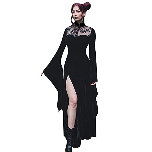 YUDATPG Sexy Split Kleid für Frauen Spitze Lange Flare Ärmel Meerjungfrau Hoher Hals Taille Halloween Gothic Hexe Cosplay Maxikleid, Schwarz , Medium von YUDATPG