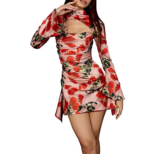 YUDATPG Traditionelles chinesisches Cheongsam-Damenkleid, sexy, Club-Kleid, lang, floral, ausgestellt, Ärmel, Mini-Kleid, figurbetontes Kleid, Mini-Kleid, Cocktail-Club, Abendkleid, rot, L von YUDATPG