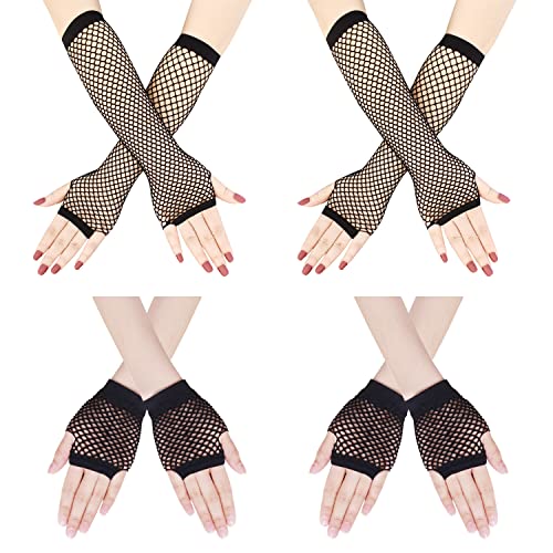 YUE QIN 4 Paare Lang und Kurz Fingerlose Fischnetz Handschuhe Schwarz Netz Mesh Handschuhe, Damen Handschuhe, Abendhandschuhe für 80er Jahre Verkleidung Kostüm Party Lieferungen von YUE QIN