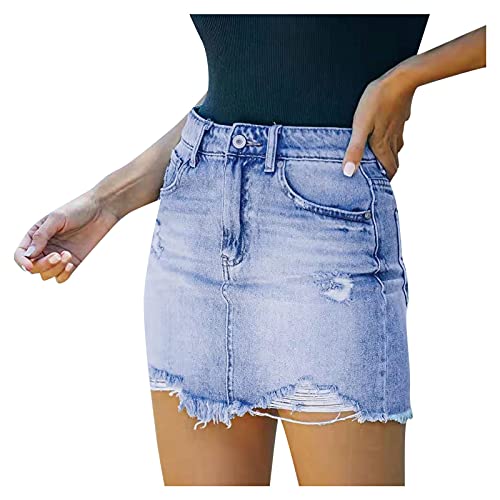 Damen Jeans Rock kurz Hüftrock A-Linie Rock Ripped Saum Minirock Blue Denim Jeansskirt Knielang Bleistift Stretch Rock Vintage Mode Freizeitkleid (H-1-Sky Blue, XXL) von YUE