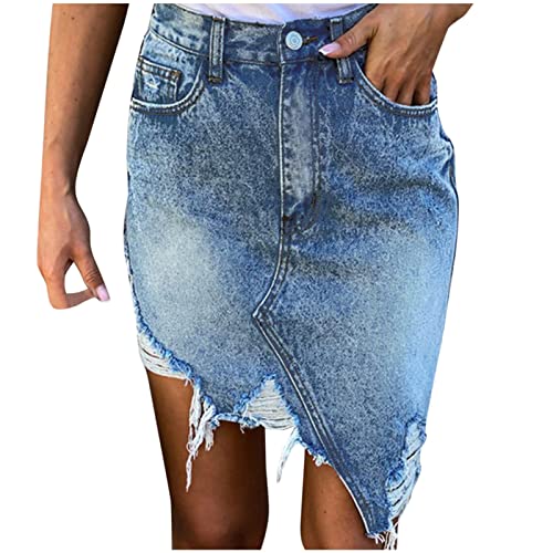 Mini-Jeansrock Damen Hüftrock A-Linie Rock Destroyed-Look zerrissen Rock Blue Denim Jeansskirt Stretch Kurze Bleistiftrock Leicht Freizeitkleid Party Beach Kleid von YUE