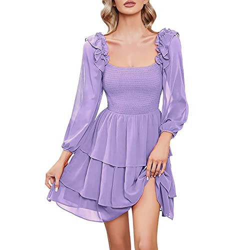 Sommerkleid Damen Chiffon A Line Kleid drunter Langarm Rüschen Swing Kleid Slash Neck Prinzessin Kleider mehrlagiges kurzes Minikleid Patchwork-Kleid Strandkleid Party Karneval kostüm von YUE