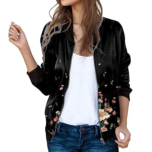 YUE Bomberjacke Damen Blouson Frühlingsjacke Dünne Jacke Reißverschluss Fliegerjacke Winddicht Bequeme Frühlingsjacke 90er Aestethic Sweatjacke Mantel Blouson (Black, XXL) von YUE