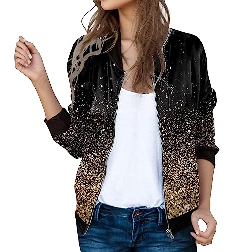 YUE Bomberjacke Mit Blumen Damen Casual Jacke Reißverschluss Outwear Kurz Mantel Herbst Frühling Leicht Jacke College Jacke Übergangsjacke Mantel Blouson (Gold, S) von YUE