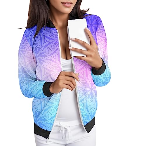 YUE Damen Casual Jacke Blumenmuster Langarm Bomberjacke Reißverschluss Outwear Kurz Mantel Winddicht Bequeme Frühlingsjacke College Jacke Übergangsjacke Mantel Blouson (Purple, L) von YUE