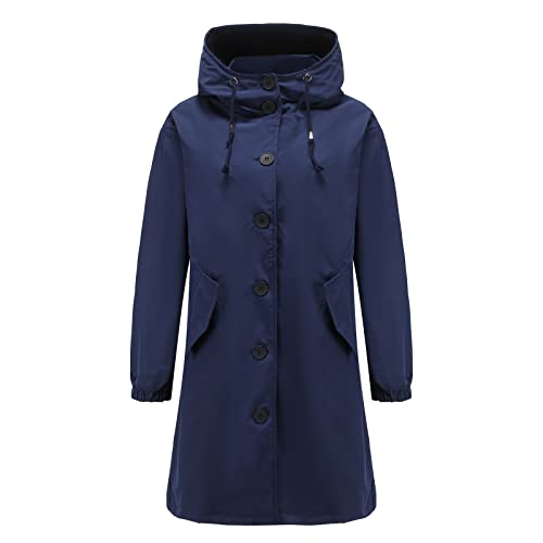 YUE Damen Dünne Wasserdichte Faltbar Regenjacke Dünne Regenmantel Leichte Jacke Lange Windbreaker Jacke für Frauen Reißverschluss Sommerjacke Camping Faltbar Kapuzenjacke (Dark Blue, XXL) von YUE