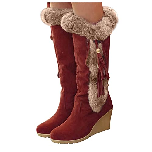 YUE Damen Hohe Stiefel Winter Keilstiefel mit künstlicher Plüsch Schneestiefel Warme Schuhe Baumwollstiefel Halbhohe Stiefel Klassische Mode Damen Boots von YUE