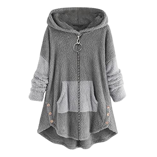 YUE Damen Mantel Plüschjacke Hoodie Jacke Warm GefüTterte Fleecemantel Kapuzenjacke Reißverschluss Oversize Softshelljacke Große Größen LäSsige Teddyjacke Winterjacke mit Taschen (Grey, XXXXXL) von YUE