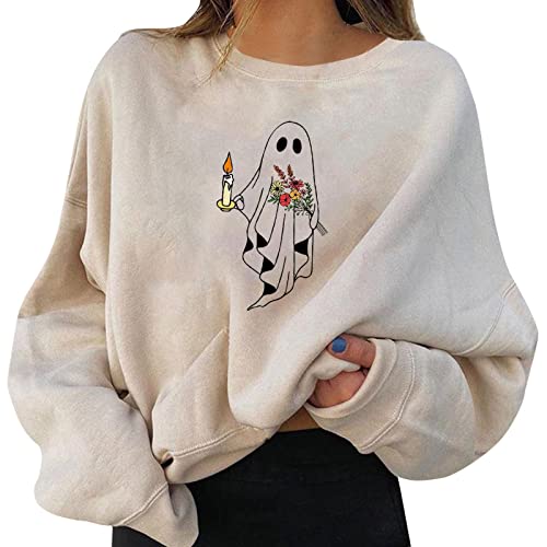 YUE Halloween Pullover Damen Oversized Sweatshirt lustig und Kürbis Pullover Langarm lässig lose Fit Shirt Tops Herbst Vintage Sweat Pulli Langshirt Party Pulli Tops (Beige, L) von YUE